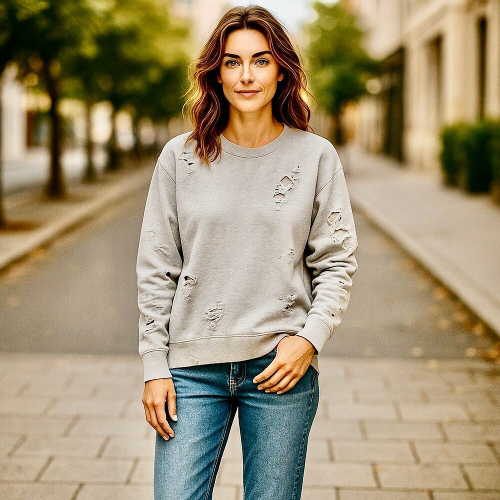 oe's Jeans Lyndon Distressed Sweatshirt Womens XS Gray Oversized Side Zip NEW